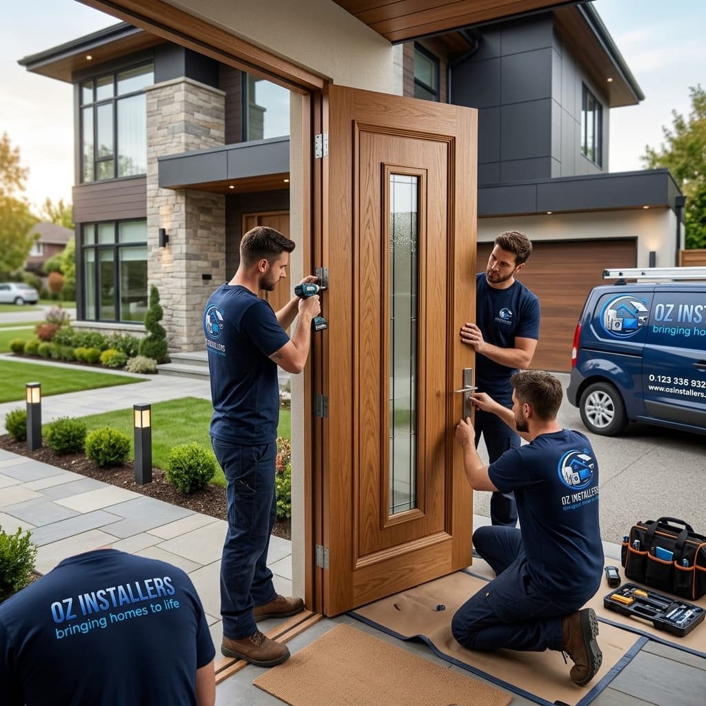 Bright modern house exterior with garage doors and a front entrance